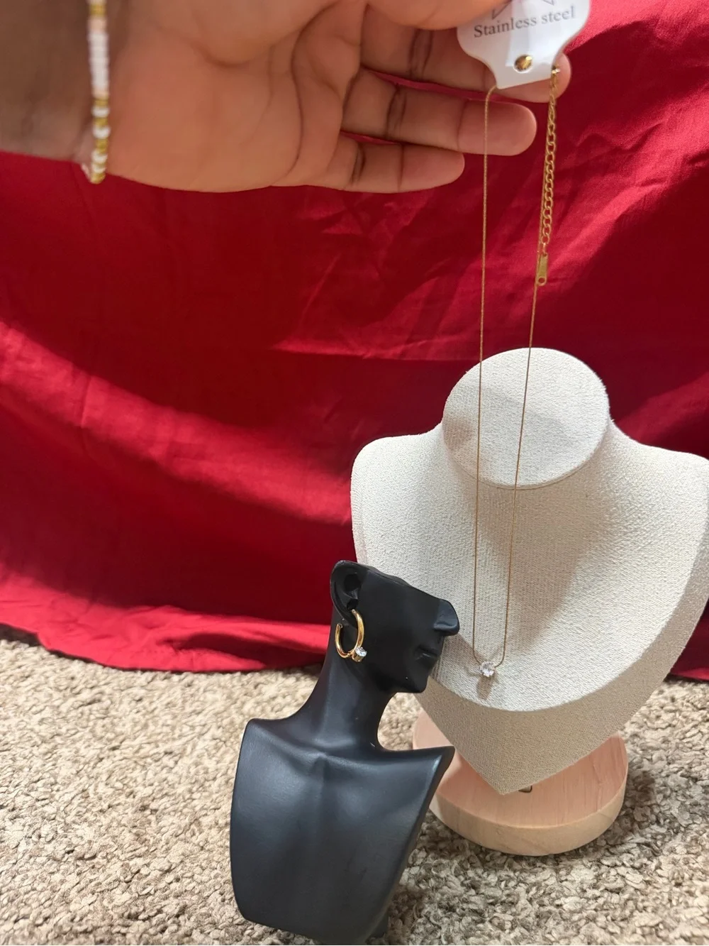Gold Necklace and Hoop Earrings Set with White Stone Pendant - Women Jewelry